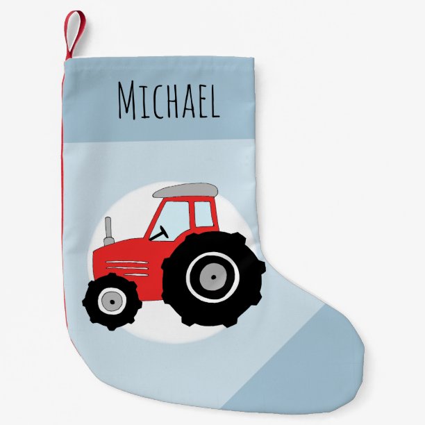 Boys Cute Blue Fun Farm Tractor Cartoon and Name Small Christmas Stocking