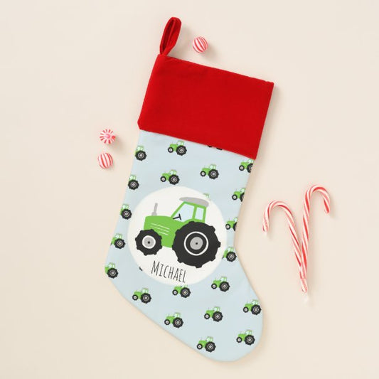 Boy's Green Farm Tractor Pattern and Name Kids Christmas Stocking