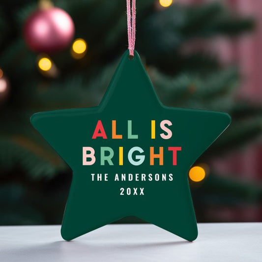 Bright 1 photo green fun modern Christmas family Ceramic Ornament