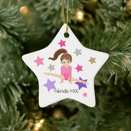 Brown Haired Gymnast Girl Gymnastics Christmas Ceramic Ornament