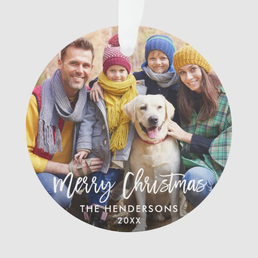 Brush Script Merry Christmas Photo Red Back Ornament