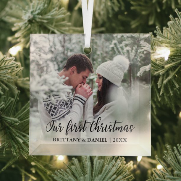 Calligraphy Our First Christmas Couple Photo Glass Ornament