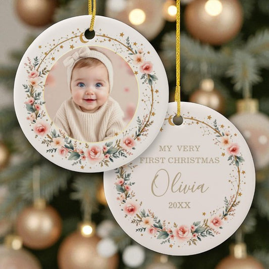 Celestial Baby First Christmas Personalized Photo Ceramic Ornament