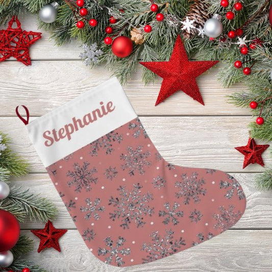 Chic Rose Gold Christmas w/ Elegant Snowflakes Large Christmas Stocking