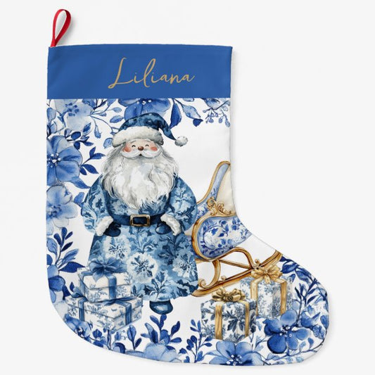 Chinoiserie Blue White Floral Christmas Santa Large Christmas Stocking