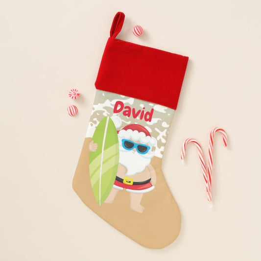 Christmas beach Santa surfing add name stocking