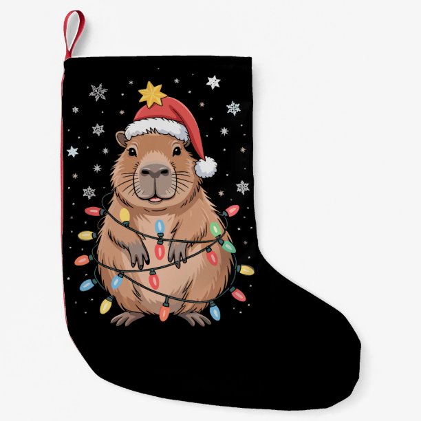 Christmas Capybara With Santa Hat Xmas Lights Tree Small Christmas Stocking