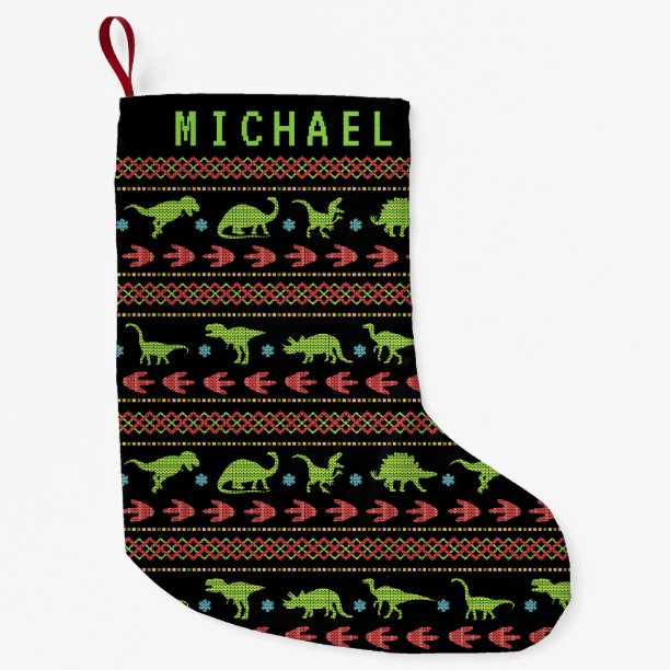 Christmas Dinosaurs Knit Embroidered Fair Isle Small Christmas Stocking