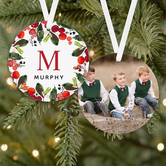 Christmas Greenery Wreath Family Monogram Photo Ornament