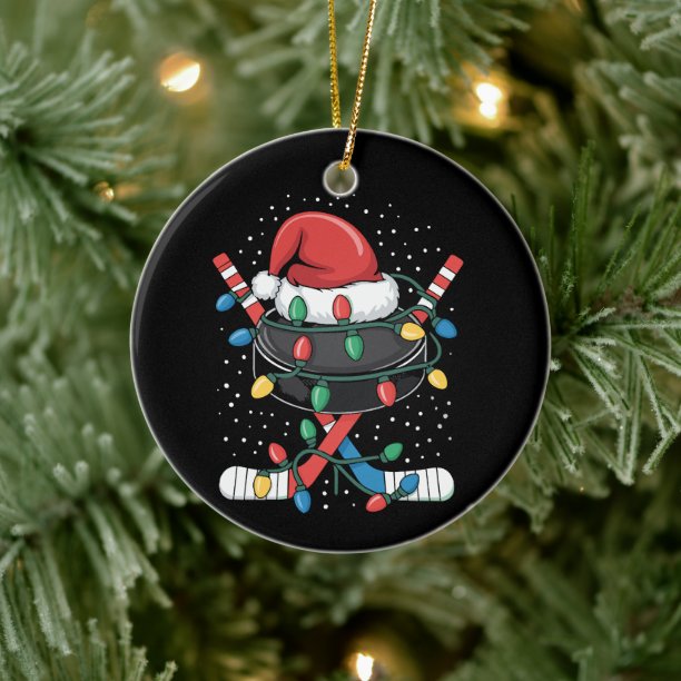Christmas Hockey Xmas Santa Sports Hat Ball Ceramic Ornament