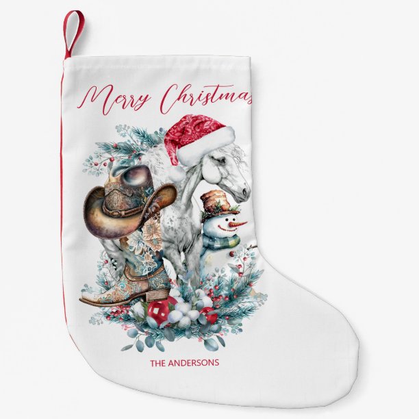 Christmas horse in Santa hat cowgirl cowboy boots Small Christmas Stocking