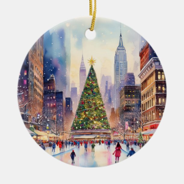 Christmas in Time Square New York City Watercolor Ceramic Ornament
