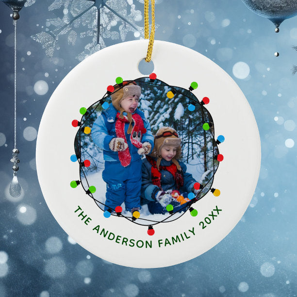Christmas Lights Family Photo Red Green Keepsake Ceramic Ornament
