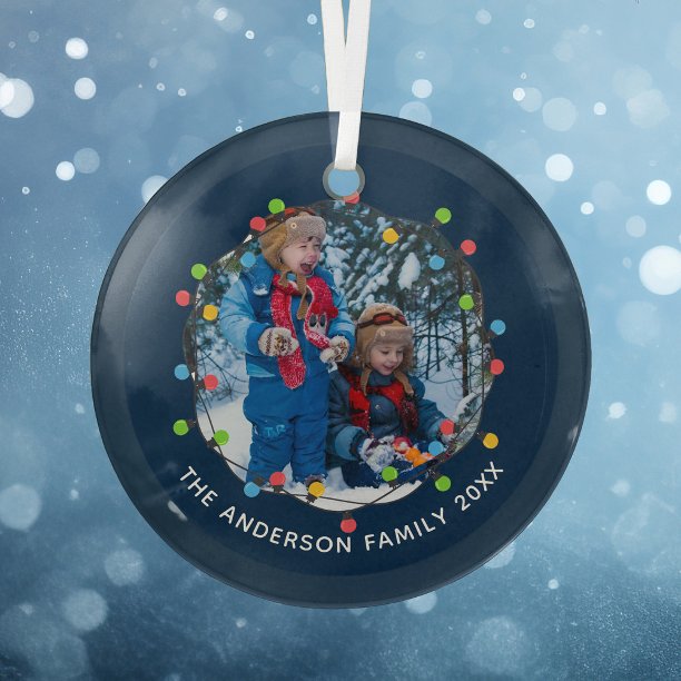 Christmas Lights Kids Photo Navy Blue Personalized Glass Ornament