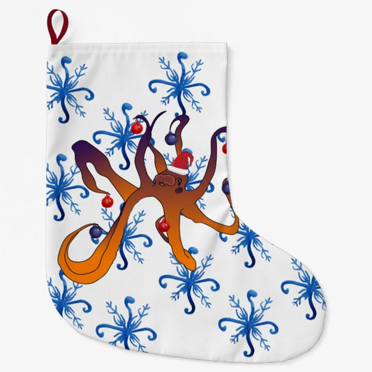 Christmas Octopus Cartoon Large Christmas Stocking