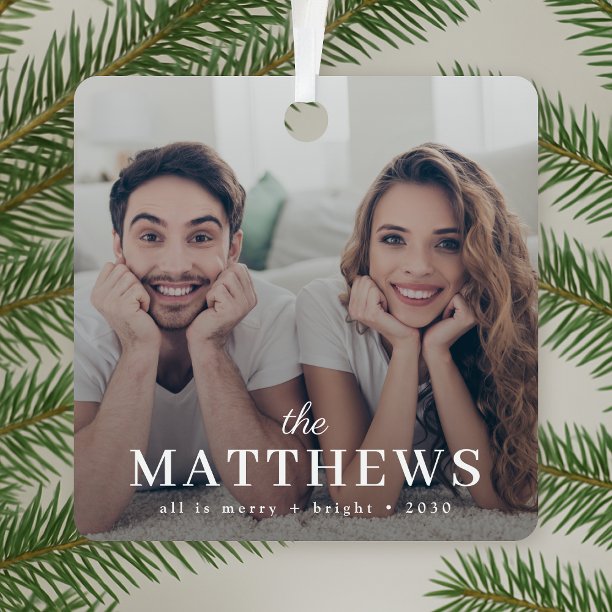Christmas Photo Ornament Modern Couple Name