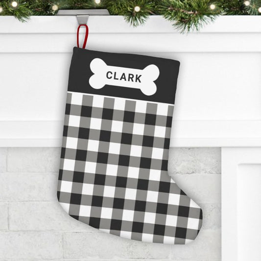 Classic Black and White Buffalo Plaid Dog Bone Small Christmas Stocking