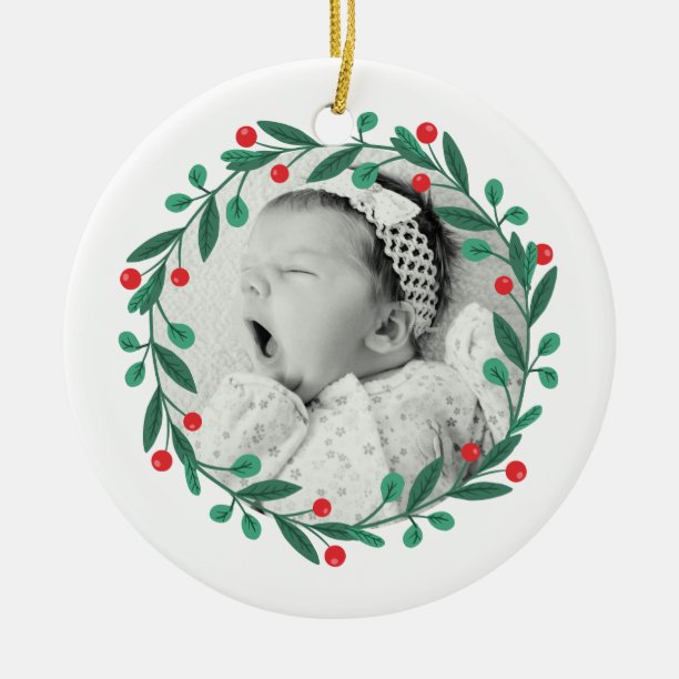 Classic Christmas Wreath Babys 1st Christmas Ceramic Ornament