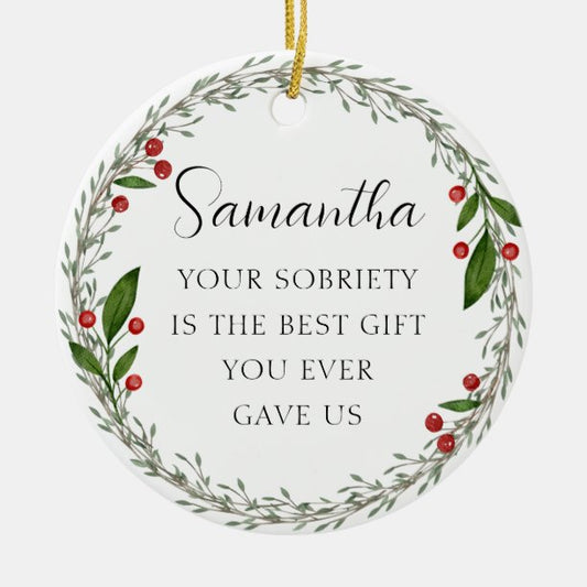 Classic Custom Sobriety Milestone Sober Christmas Ceramic Ornament
