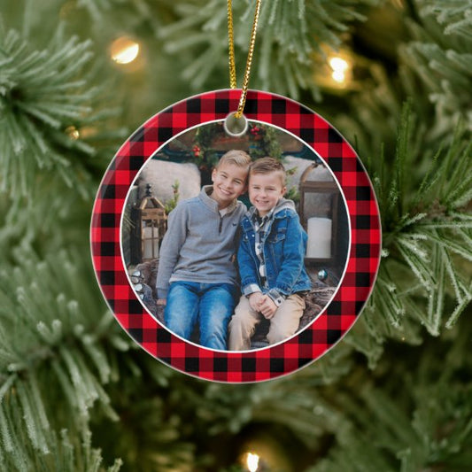 Classic Red Buffalo Plaid Christmas Kids Photo Ceramic Ornament