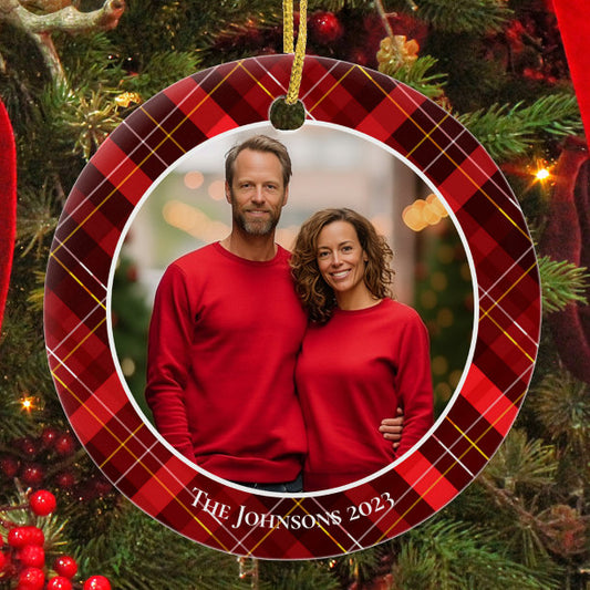 Classic Red Plaid Tartan Christmas Family Photo Ceramic Ornament