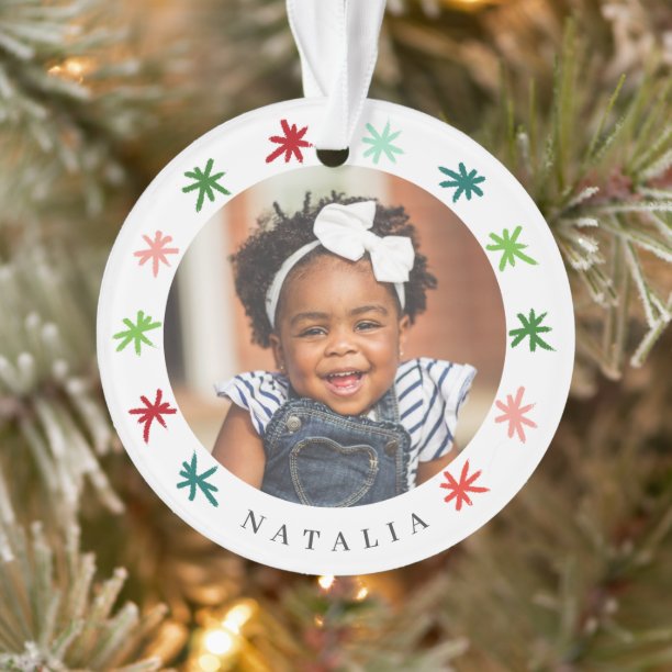 Colorful Snowflakes Kids 2 Photo Name Christmas Ornament