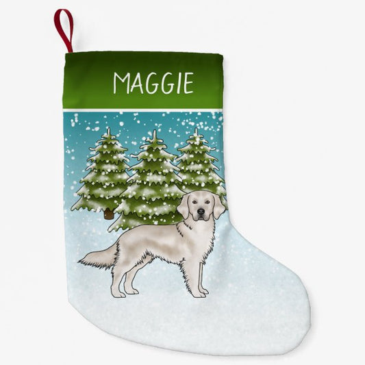 Cream Golden Retriever Blue Christmas Custom Name Small Christmas Stocking