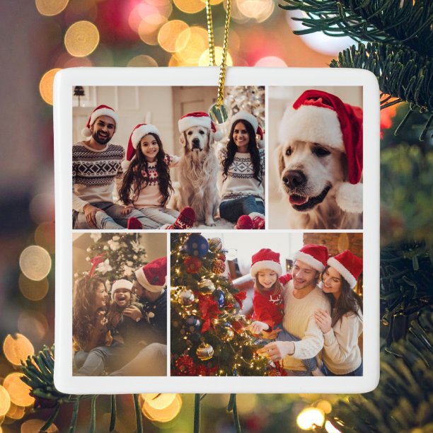 Create Your Own 4 Photo Collage Christmas Ceramic Ornament