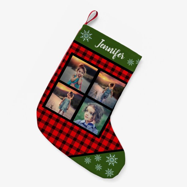 Create your own photo collage buffalo plaid small christmas stocking