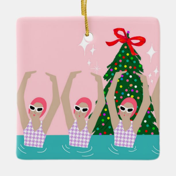 Custom Artistic Swimmers Illustration Christmas Ceramic Ornament