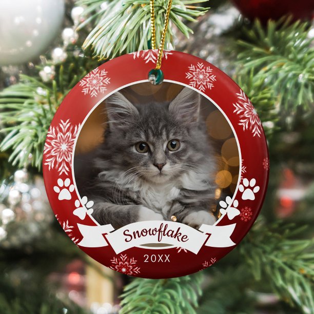 Custom Cat Pet Photo Paw Prints Red Christmas Ceramic Ornament