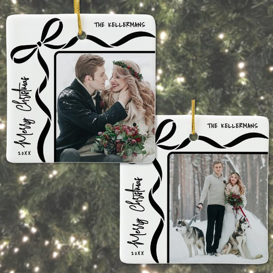 Custom Double Sided Family Two Photo Christmas Ceramic Ornament