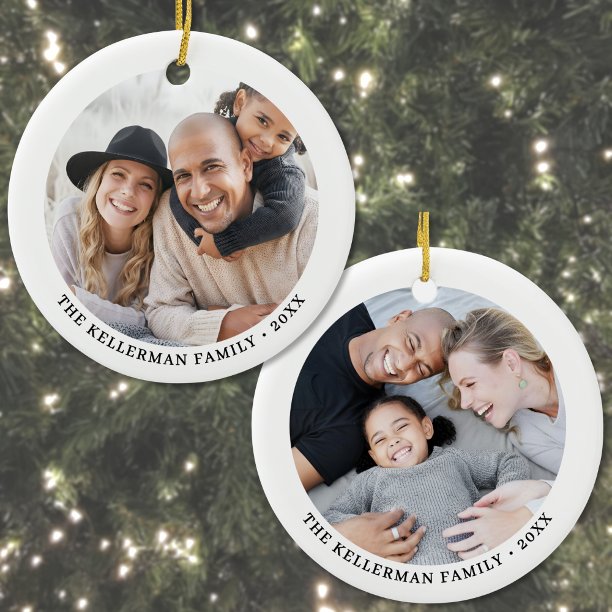 Custom Double Sided Family Two Photo Christmas Ceramic Ornament