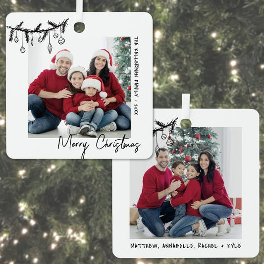Custom Double Sided Family Two Photo Christmas Metal Ornament