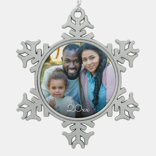 Custom Elegant Your Family Photo Vintage Christmas Snowflake Pewter Christmas Ornament
