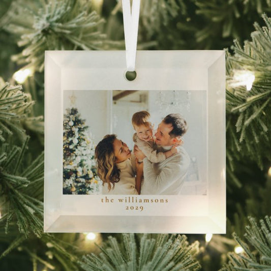 Custom Photo Christmas Minimalist Elegant Family Glass Ornament