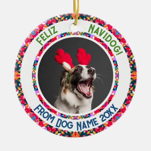 Custom Photo Feliz Navidog First Christmas Dog Pun Ceramic Ornament