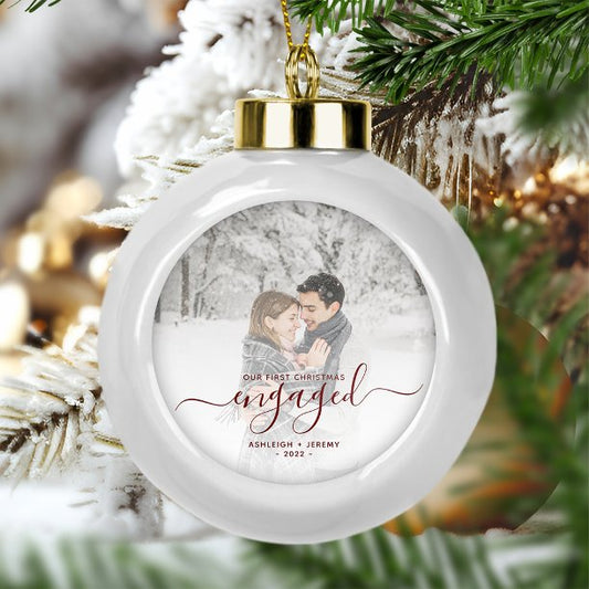 Custom Photo First Christmas Engaged Red Script Ceramic Ball Christmas Ornament