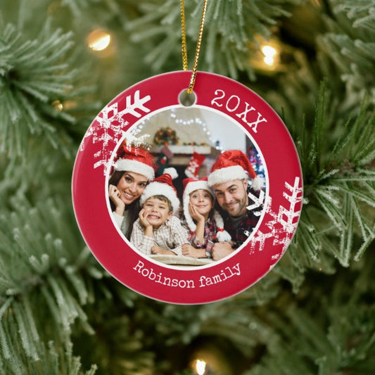 Custom Photo Red Snowflake Circle Ornament