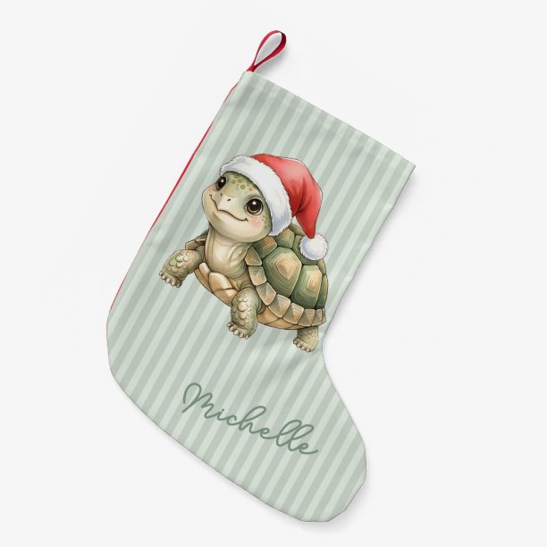 Custom Watercolor Christmas Tortoise Santa Hat Small Christmas Stocking