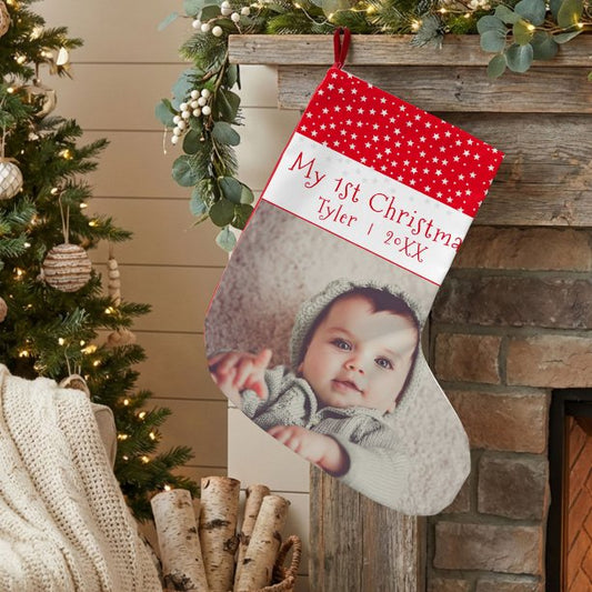 Cute Baby`s 1`st Christmas Red Stars Photo Small Christmas Stocking