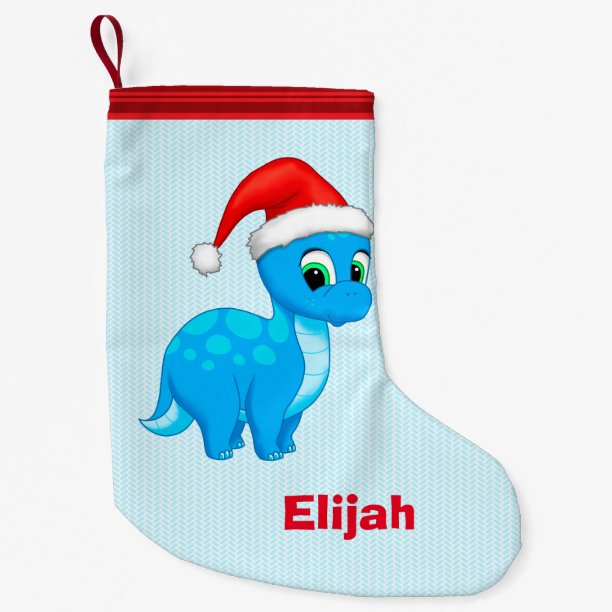 Cute Blue Baby Dinosaur with Santa Hat Small Christmas Stocking