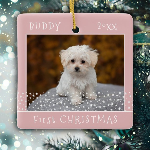 Cute First Christmas Dog Pet Photo Stars Pink Ceramic Ornament