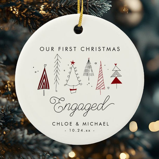 Cute First Christmas Engaged Whimsical Trees Ceramic Ornament