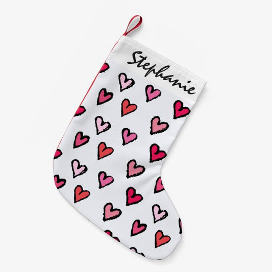 Cute Girly Pink Hand Drawn Hearts on White Pattern Small Christmas Stocking