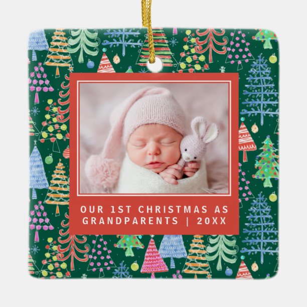 Cute Grandparents 1st Christmas Trees Photo Green Ceramic Ornament