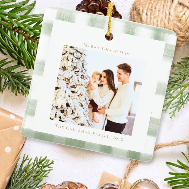Cute Green Gingham Plaid Custom Photo Christmas Ceramic Ornament