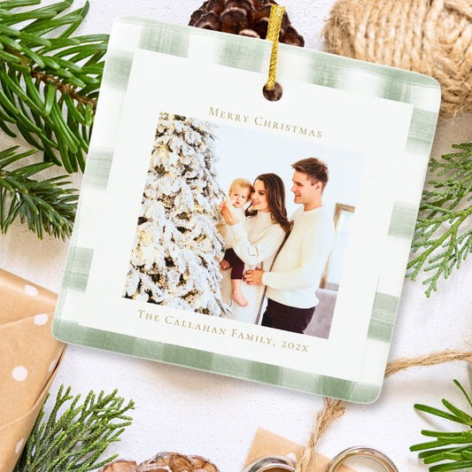 Cute Green Gingham Plaid Custom Photo Christmas Ceramic Ornament