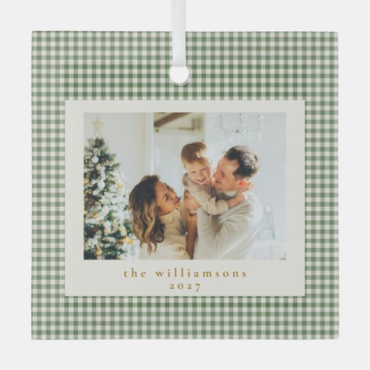 Cute Green Gingham Plaid Custom Photo Christmas Glass Ornament