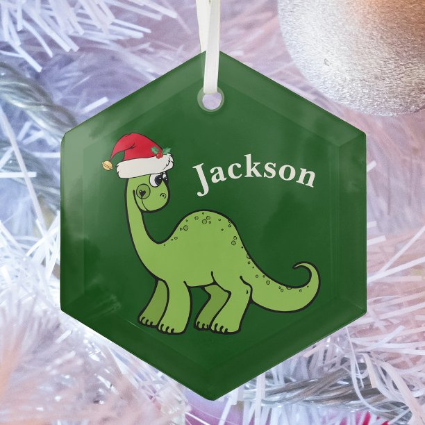 Cute Kids Christmas Dinosaur Green Personalized Glass Ornament